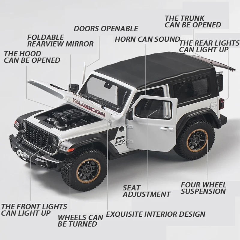 1:18 Rubicon Off-road Vehicles Alloy Car Model Toy Boy Diecasts Metal  Sound Light Kid Elite Fast and Furious Premium One Piece