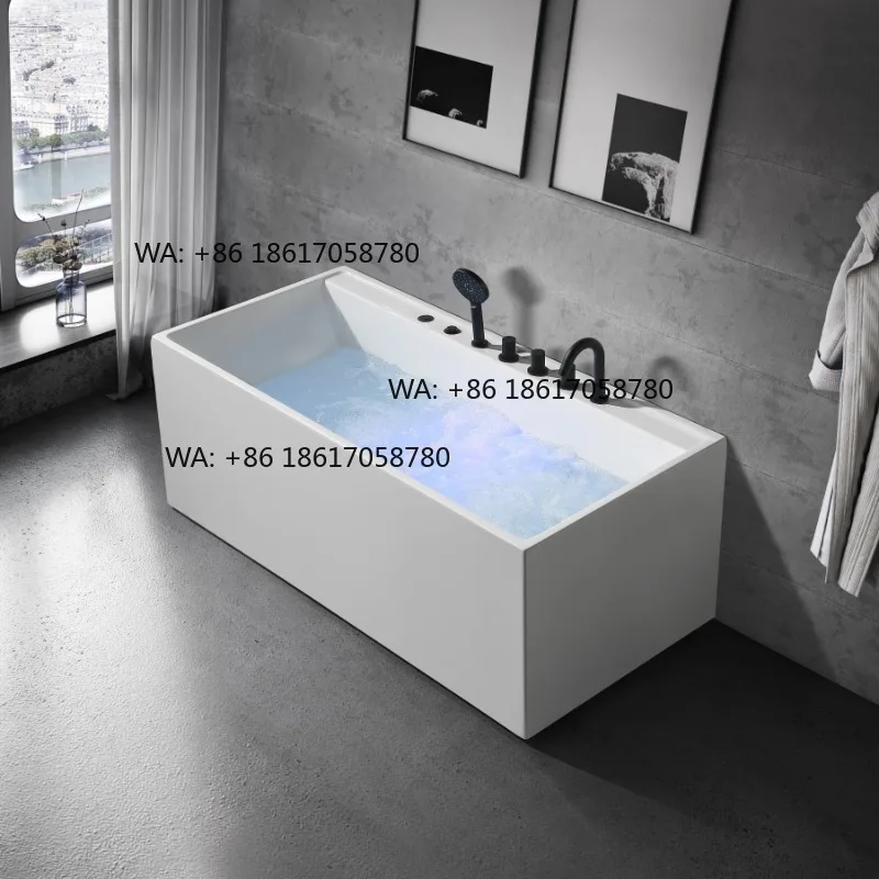 Hotaqi Modern Freestanding Bathroom Indoor Hotel Customized Acrylic LED Rectangle Whirlpool Massage Bathtub