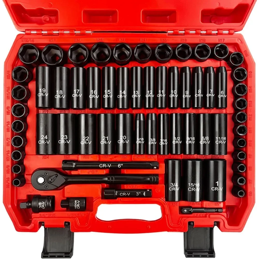 

64pcs 3/8" Socket Set,Drive Impact Socket Set, SAE/Metric, Deep & Shallow, Cr-V Steel, 6 Point with Adapters, 72T Ratchet Handle