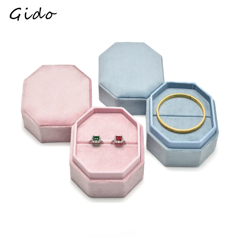 Octagonal Shape Velvet Jewelry Box Double Ring Storage Box Woman Gift Earrings Package Case Wedding Ring Display Box