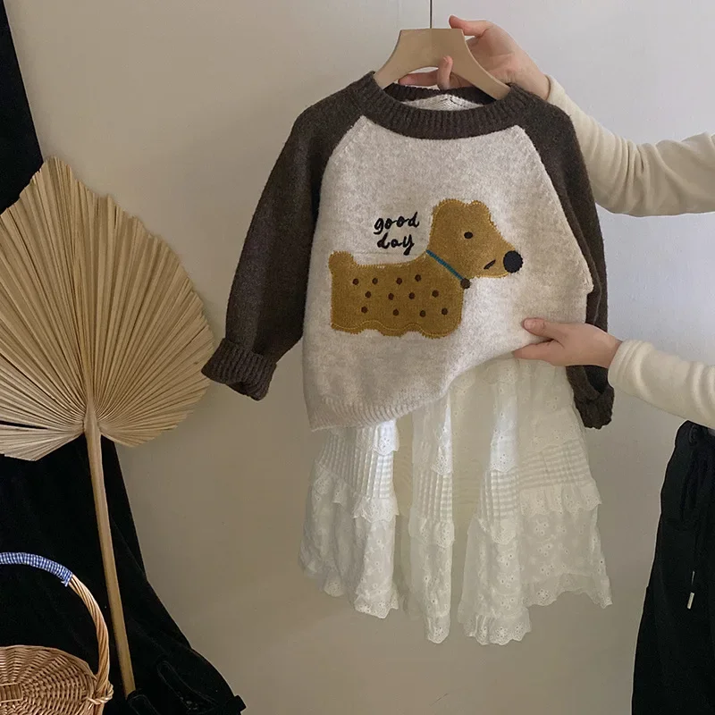 

Children Girls Korean Autumn Sweater Animal Dog Printed Infant Girls Pullovers Spliced Raglan Long Sleeve Toddler Girl Knitwear