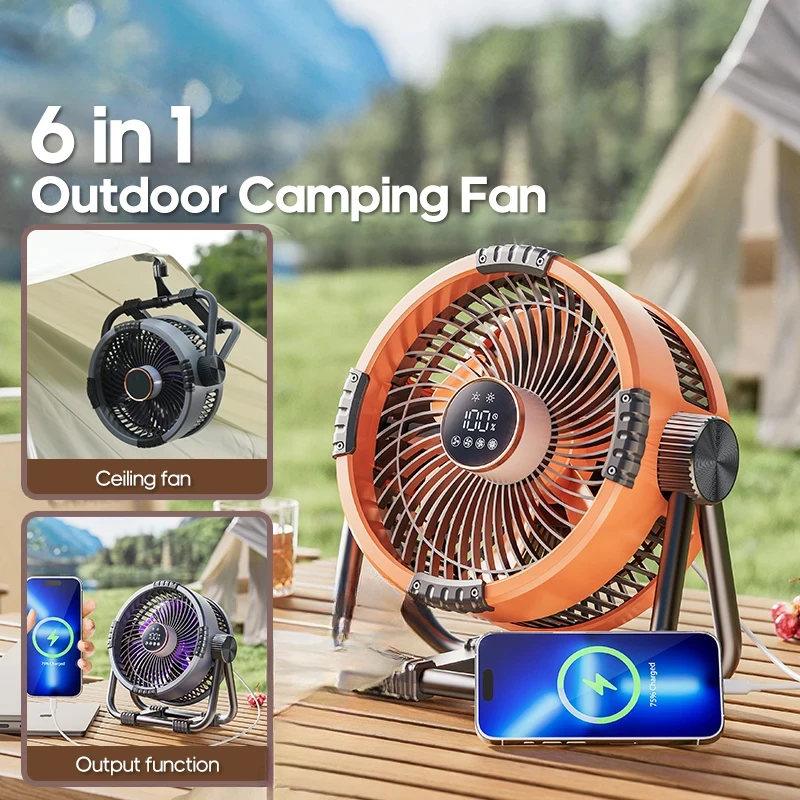 

New 6 in 1 Outdoor Camping Fan 20000mAh Rechargeable Portable Wireless Tent Ceiling Fan 4 Speed Adjustment with Hook & LED Light