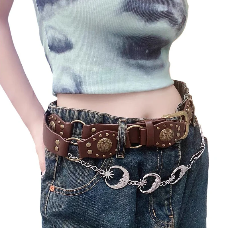 

Y2K PU Vintage Belt Holiday Bohemian Metal Sashes Women Adjustable Streetwear Belt Harajuku Aesthetic Belt