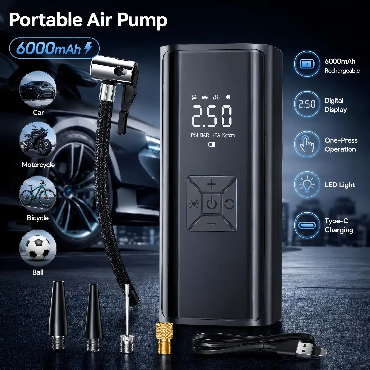 Przenośna pompka do opon 150PSI, bezprzewodowy kompresor powietrza, cyfrowa pompka do opon z automatycznym wyłączaniem, akumulatorowa pompka powietrza 6000mAh, lampa awaryjna LED do samochodu