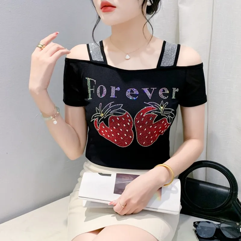 M-3XL Brand Strawberry Letter Design Sexy Off Shoulder Shiny Diamonds Women's T-Shirt High Quality Tees Tops Ladies Shirts