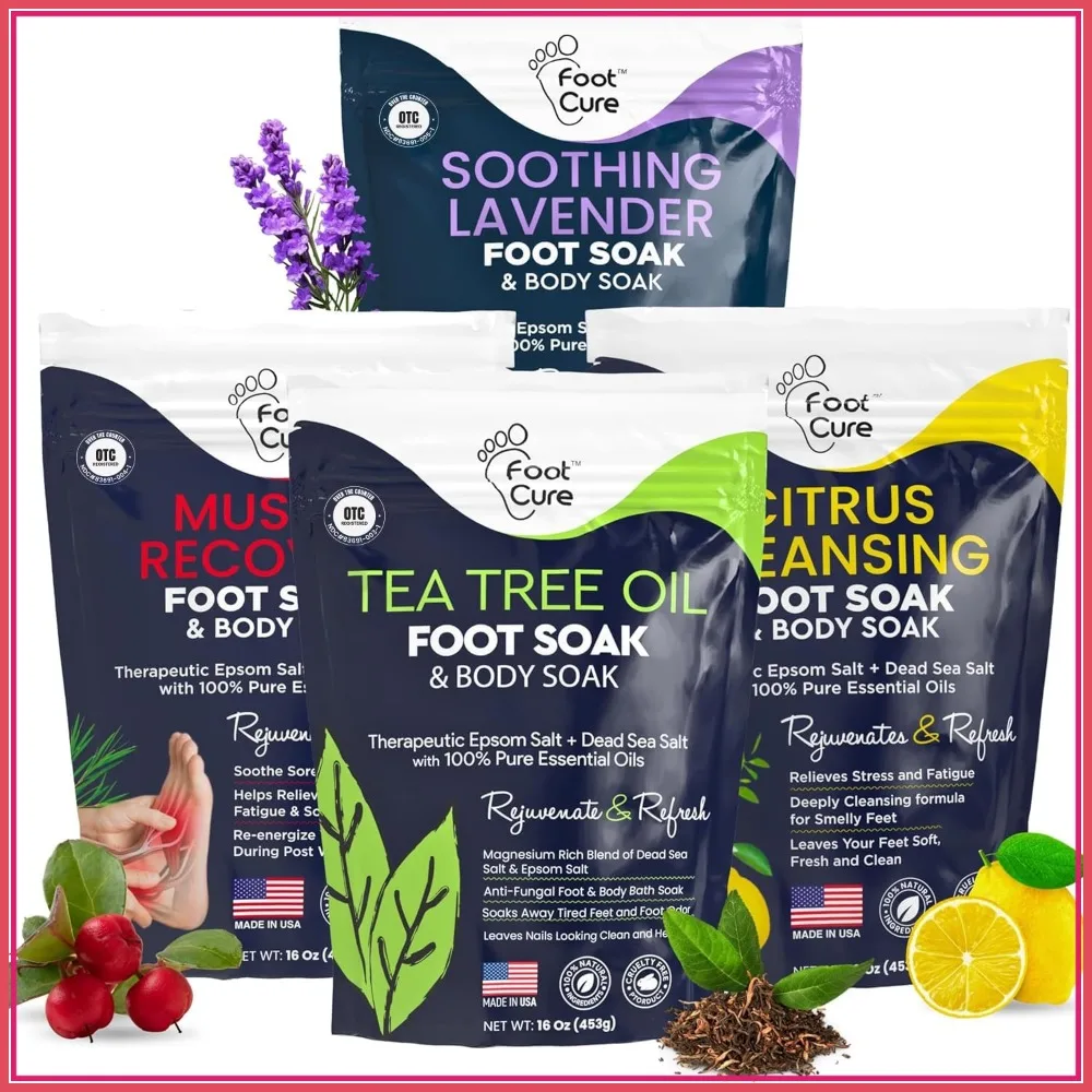 

Epsom Salt Foot Soak with Tea Tree Oil - Relaxing Foot Bath for Athletes, Tired Feet & Calluses - Fungal Support (Pack of 4)