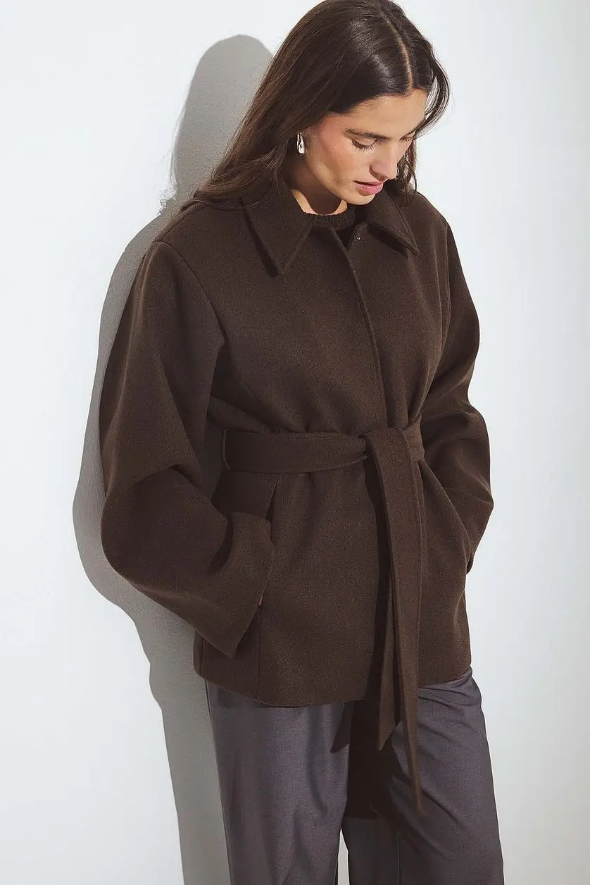 Winter Women's Solid Color Woolen Coat Long Sleeve Button Belt Collar New 2026