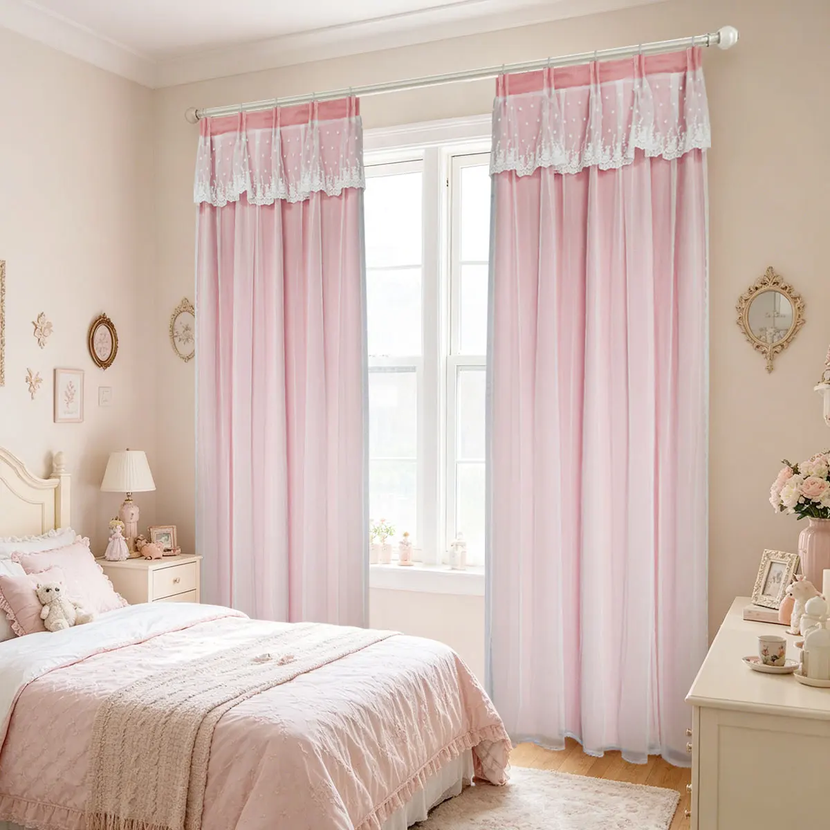 Pink Double Layer Lace Valance Medium Shading Hook Pleat Curtains, Romantic Decor Drapes for Household Kids Windows