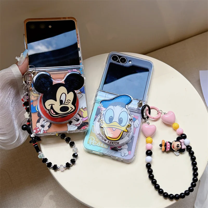 New Fashion Cartoon Clear Wrist Strap phone case For Samsung Galaxy Z Flip 8 5 6 7 Z Flip8 Cute Bead Chain Fold Cover Girls Gift