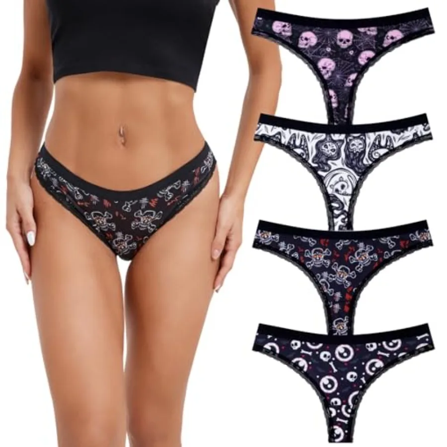 

TenderTouch Women's Heart and Strawberry Print Thong Panties 4-Pack, Sweet and Cute Underwear for Valentine's Day Gifts