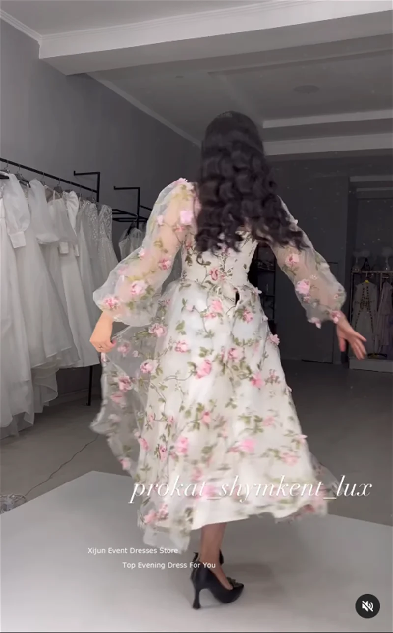 Xijun Tulle Elegant Evening Dress 3D Flowers Appliques Prom Dresses Wedding Party Dresses Long Sleeves Short Prom Gowns A-Line