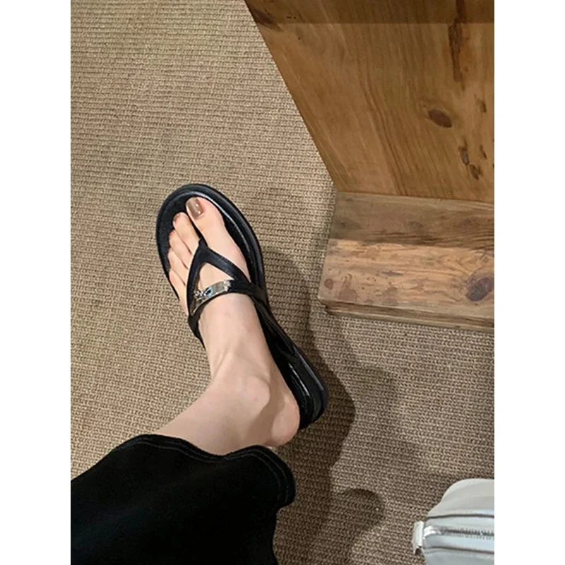 Black Thick Heel Sandals Women's Summer New Style Beachwear Slip-On Shoes Korean Style Ultra-Fine Fiber Inner  Leather