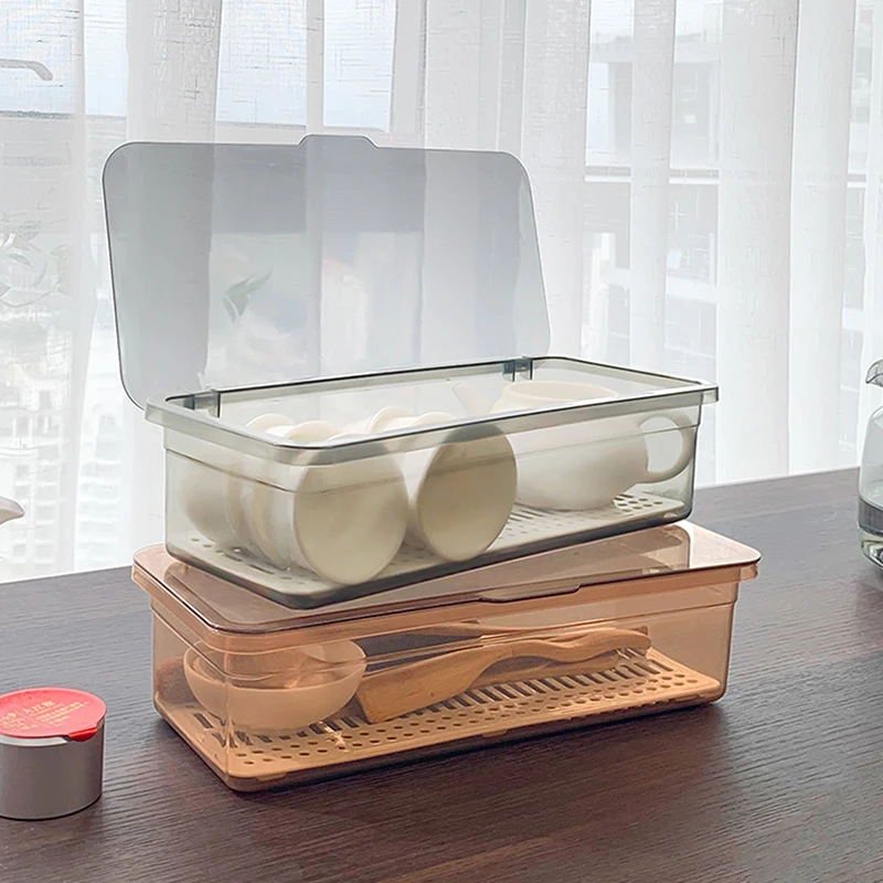 Rectangular Tea Set Storage Box Tea Cup Lid Saucer Drain Holder Transparent Tableware Tray Cutlery Dustproof Organiser