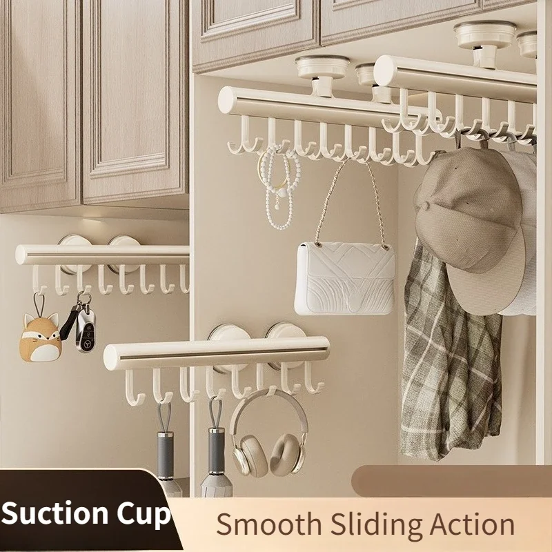 Suction Cup Mounted Pull Out Rack No-Drill Sliding Rail Hanger Hooks for Hats Underwear Camisoles Wall-Mounted Organizer Racks