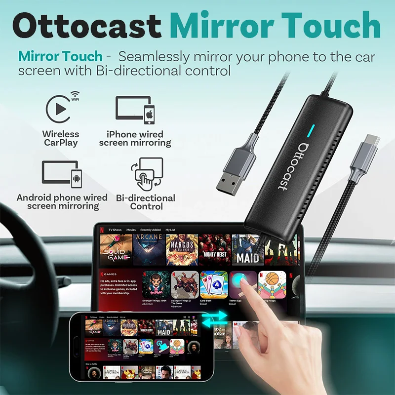 Ottocast Mirror Touch Wireless CarPlay Bi-Directional Control Car Accessories Video Box for iOS & Android Mirroring VW Audi Benz