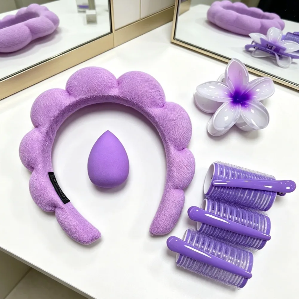 5Pcs/set Flower Spa Headband Set Coral Fleece Face Wash Hair Band with Hair Roller Makeup Sponge Women Skincare Accessories