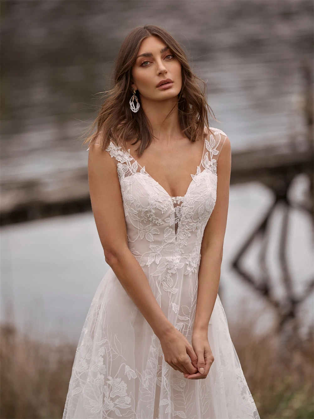 Vestido De Novia bohemio De tul elegante, traje sin mangas, corte en A, cuello en V, largo hasta el suelo, 2024