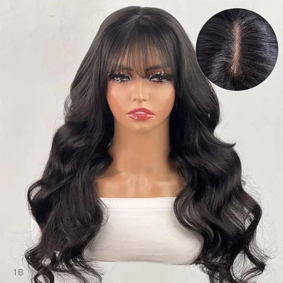 180D 14-24inch Body Wave Human Hair Wigs With Bangs Middle Part Lace Wig For Women Remy Body Wave Wig With Bangs Natural Color