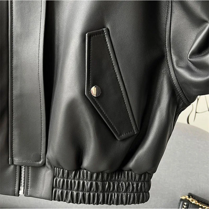 Fashion Leather Jacket Women\'s Short Outerwear Washed Leather Coat Lady Streetwear Loose Tops Moto Biker Jackets Spring Autumn