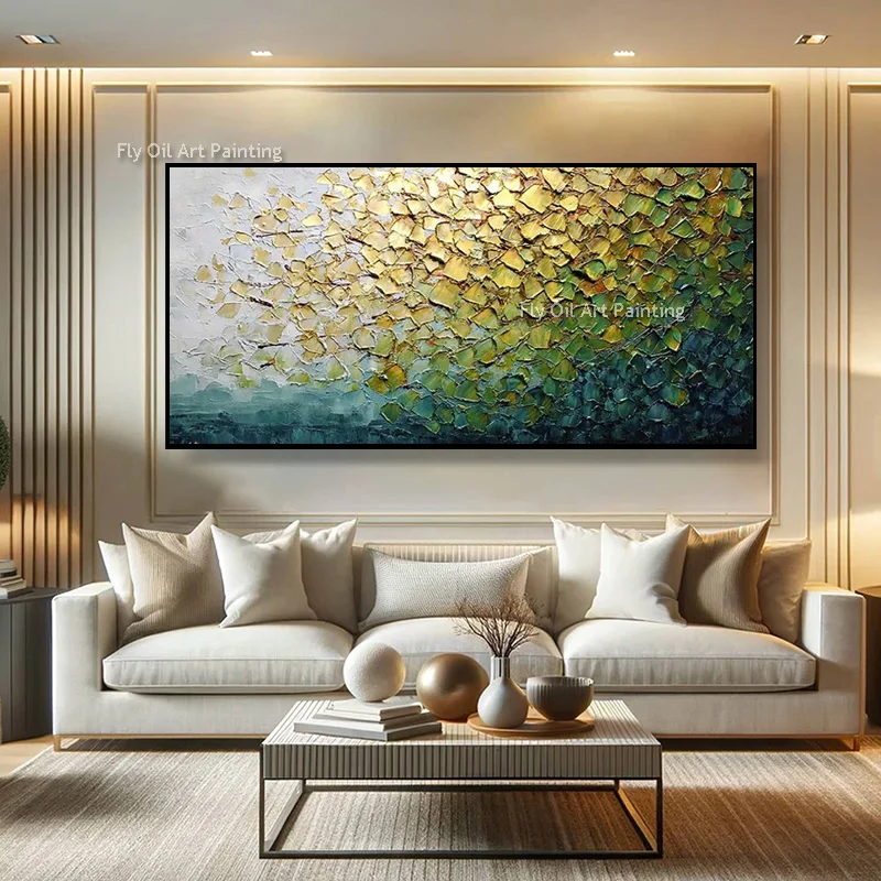 100% Handmade Abstract Forest Oil Painting Heavy Textured Green Gold Foliage Canvas Art New Horizontal Wall Decor For Office