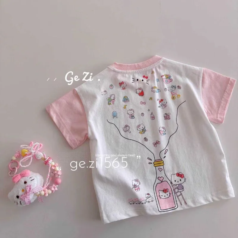 

Hello Kitty Anime Kawaii Sanrio Ins Fashion Short Sleeve Hoodie Cute Children Casual Shirt Baby Clothes Lovely Gifts Toys