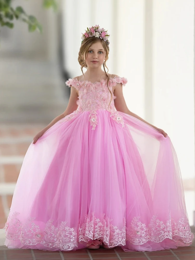 

Flower Girl Dresses Dark Pink Tulle Flowers Appliques With Bow Sleeveless For Wedding Birthday Party Banquet Princess Gowns