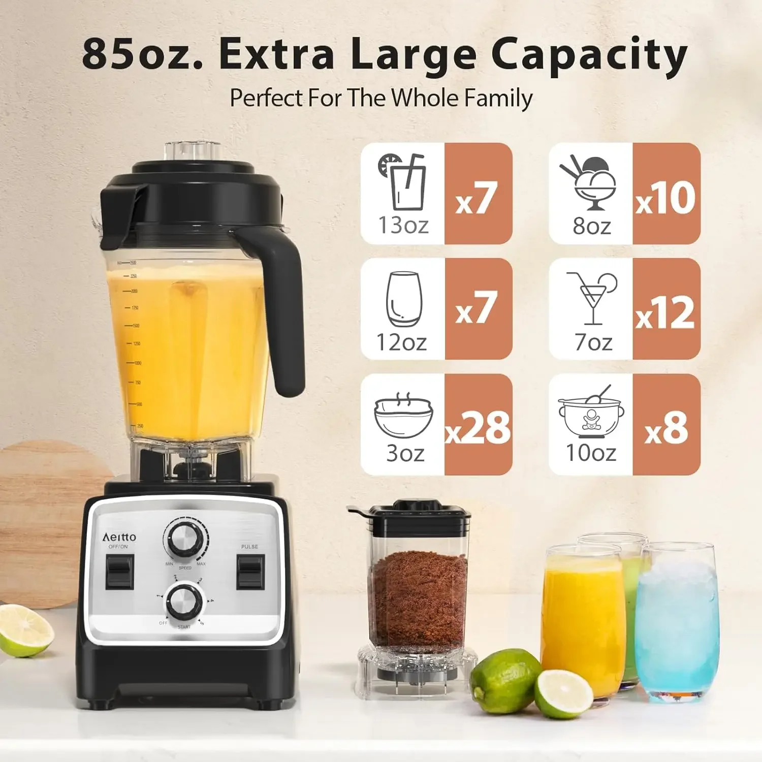 Blender, Blenders for Kitchen with 1800W Motor, 85 Oz. Large Capacity, 2-in-1 Blender & Grinder Combo, BPA-Free Counterto