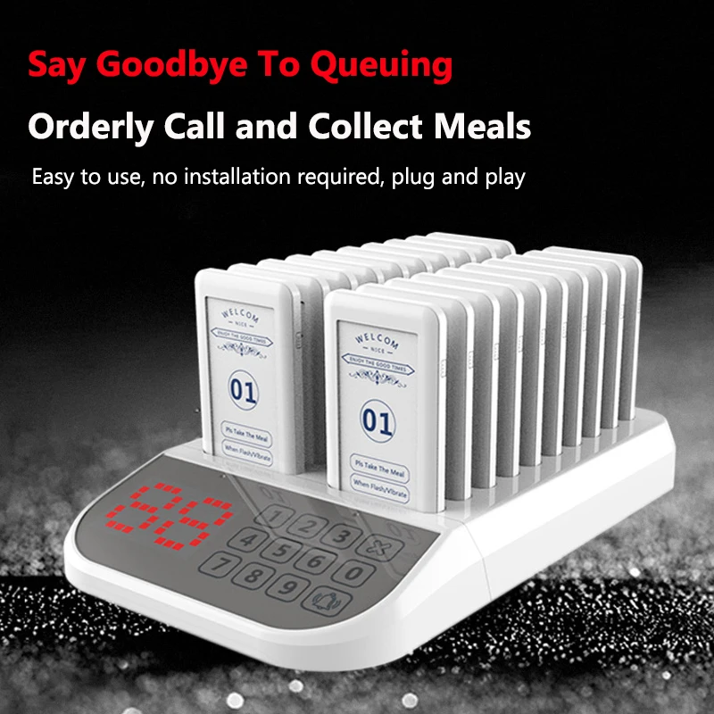 

Wireless Restaurant Pager Waterproof Queue Paging Calling System 1 Keypad 20pcs Beeper Buzzers Easy Clean for Coffee Shop Food