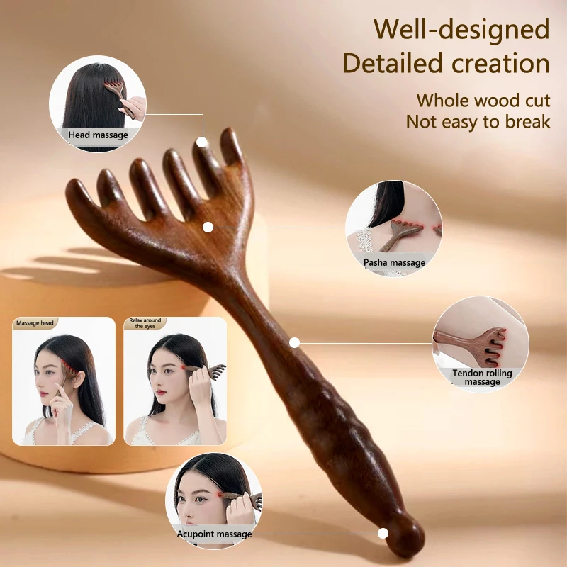 Natural Wooden Wide Tooth Long Handle Comb Meridian Massage Anti-static Head Six Claw Massager Promote Blood Circulation