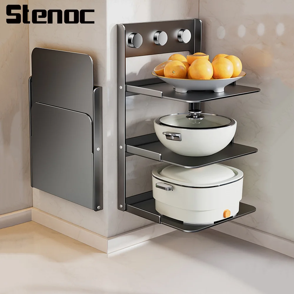 Suction Cup Multi-Layer Cooker Storage Rack Kitchen Pot Rack Organizer Cookware Storage Shelf Wall-Mount Dish Plate Tray Holder