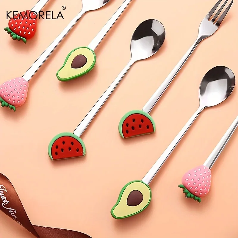 4PCS Creative Fruit Fork Set Stainless Steel Dessert Cake Fruit Series Strawberry Spoon Cartoon Shape Suitable For Gift Giving