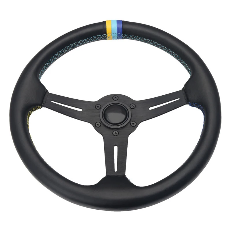 

KYOSTARS Universal 350mm 14\" Leather Suede Racing Sports Deep Corn Steering Wheel With Green Yellow Stitching Horn Button Cars