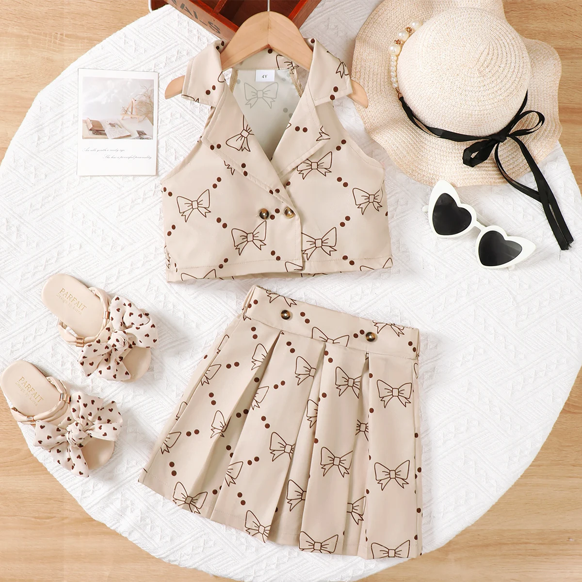 Girl Child Set Collar Bow Print Sleeveless Top and A-line Skirt Suitable for 4-7 Years Girl Child Summer Fashion Clothing