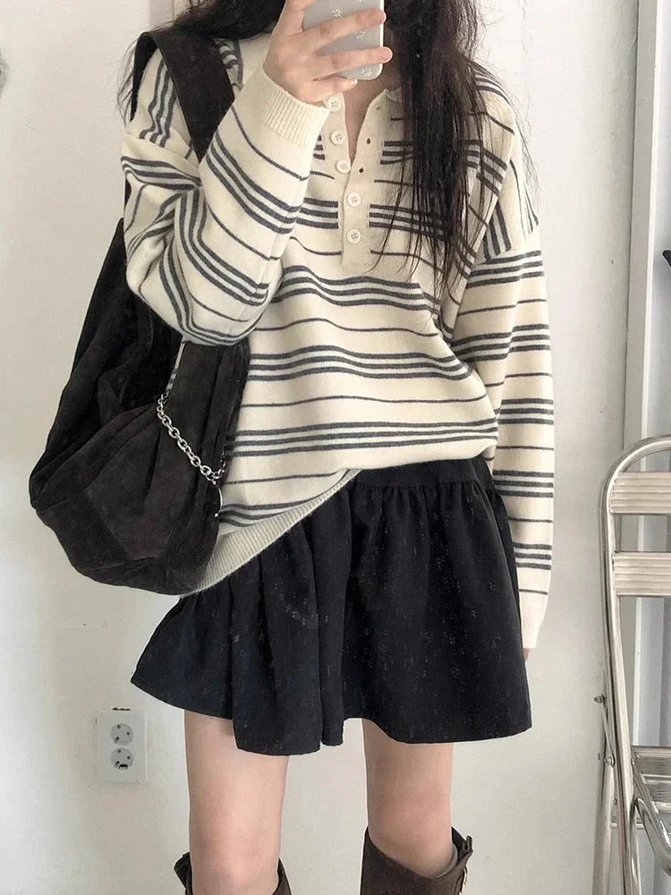 

Harajuku Elegant Loose Knitwear Tops Women Autumn New Vintage Design Sweaters Korea Chic Stripes Long Sleeves Casual Clothes New