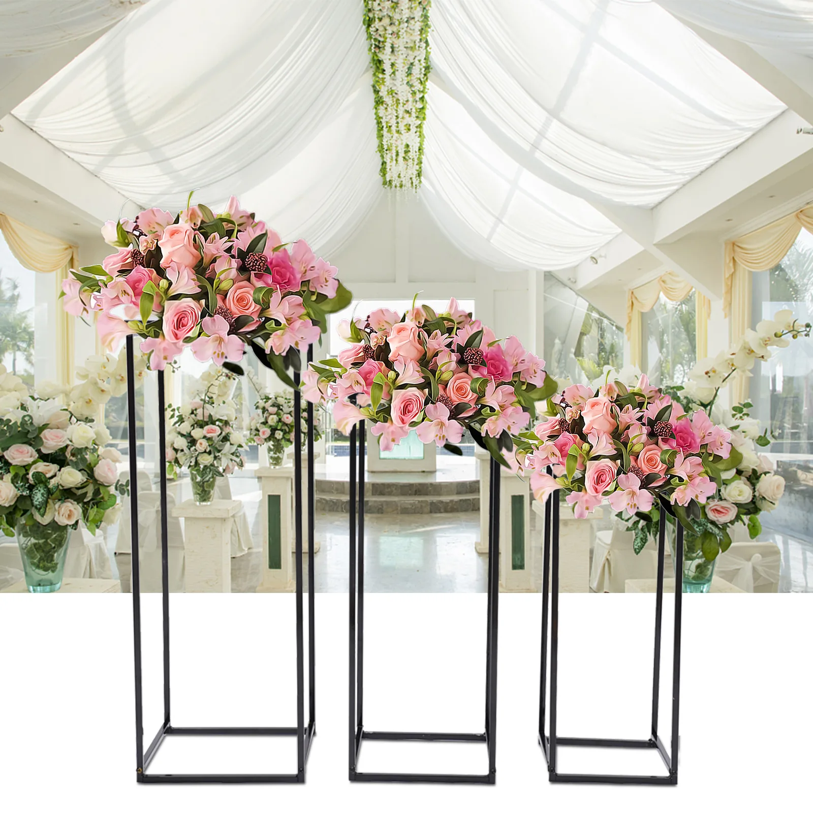 Set of 3 Black Flower Metal Stand Holder Geometric Plant Display Stand Rack Wedding Centerpieces 19.7in+23.6in+27.5in