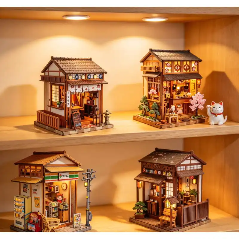 DIY 3D Wooden Puzzle Japanese Street Scene Miniature House Kit with LED Lights, Handcraft Diorama Model, Vintage Japanese Shop
