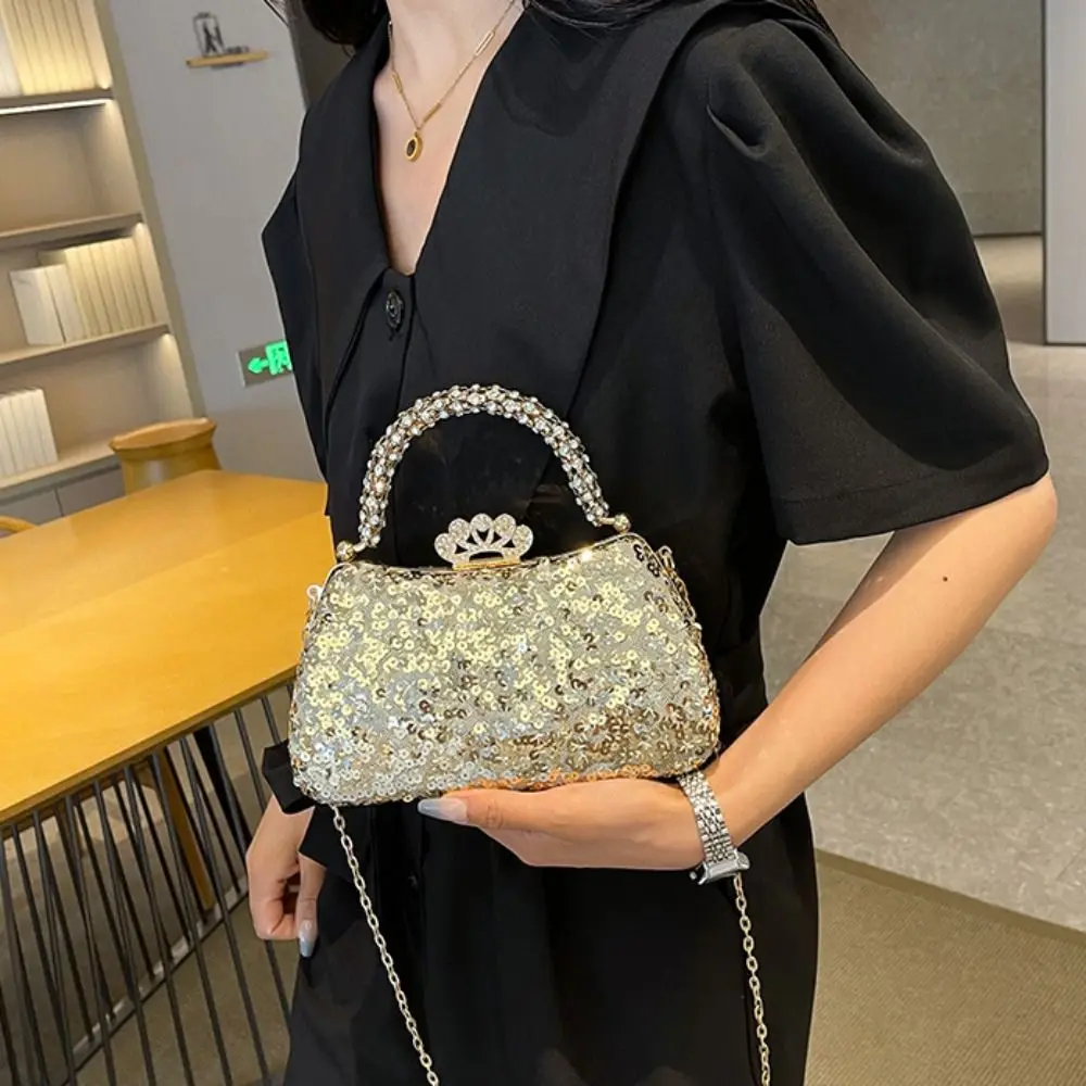

French Metal Top Handle Evening Banquet Bag Sequin Wrist Bag Box Handbag Shoulder Bag Glitter Ladies Clutch Bag Wedding