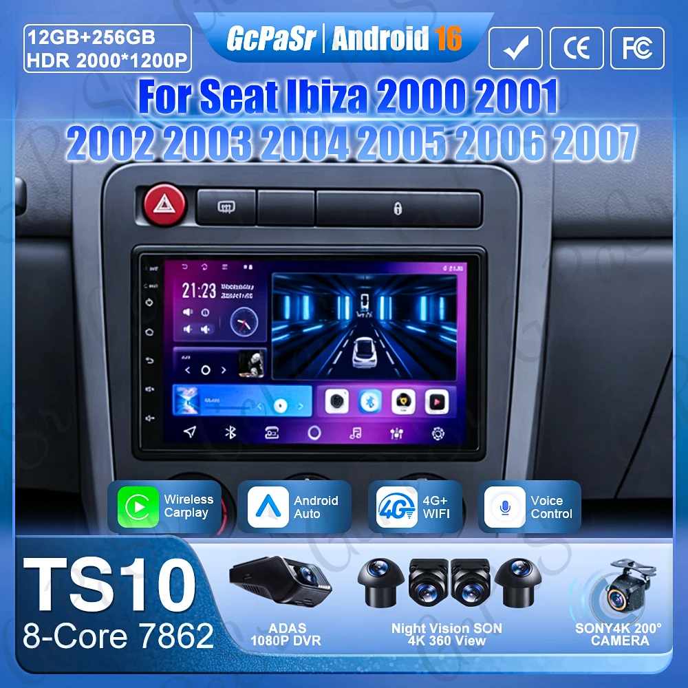 Android Auto For Seat Ibiza 2000 2001 2002 2003 2004 2005 2006 2007 Car Radio 5G Wifi Screen GPS Navigation Autoradio Stereo 2k