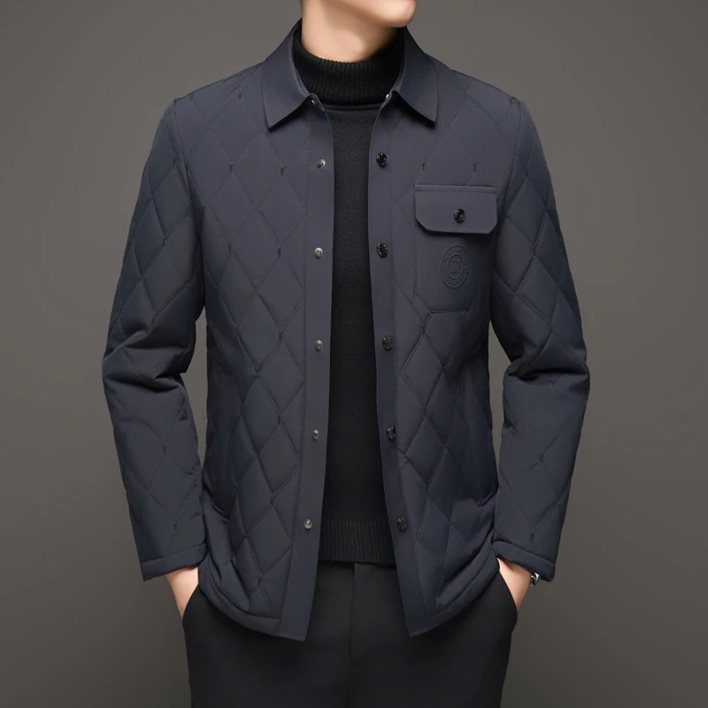 Men Mulberry Silk Lined Quilted Jacket Diamond Stitch Lapel Collar Button Down Lightweight Warm Business Casual Thin Padded Coat