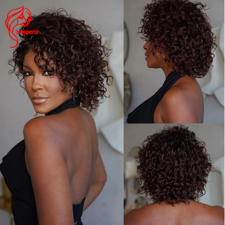 

Hesperis Ombre Reddish Brown Curly Bob Wig With Bangs Brazilian Remy Short Curl Bob Full Machine Made Wig For Women