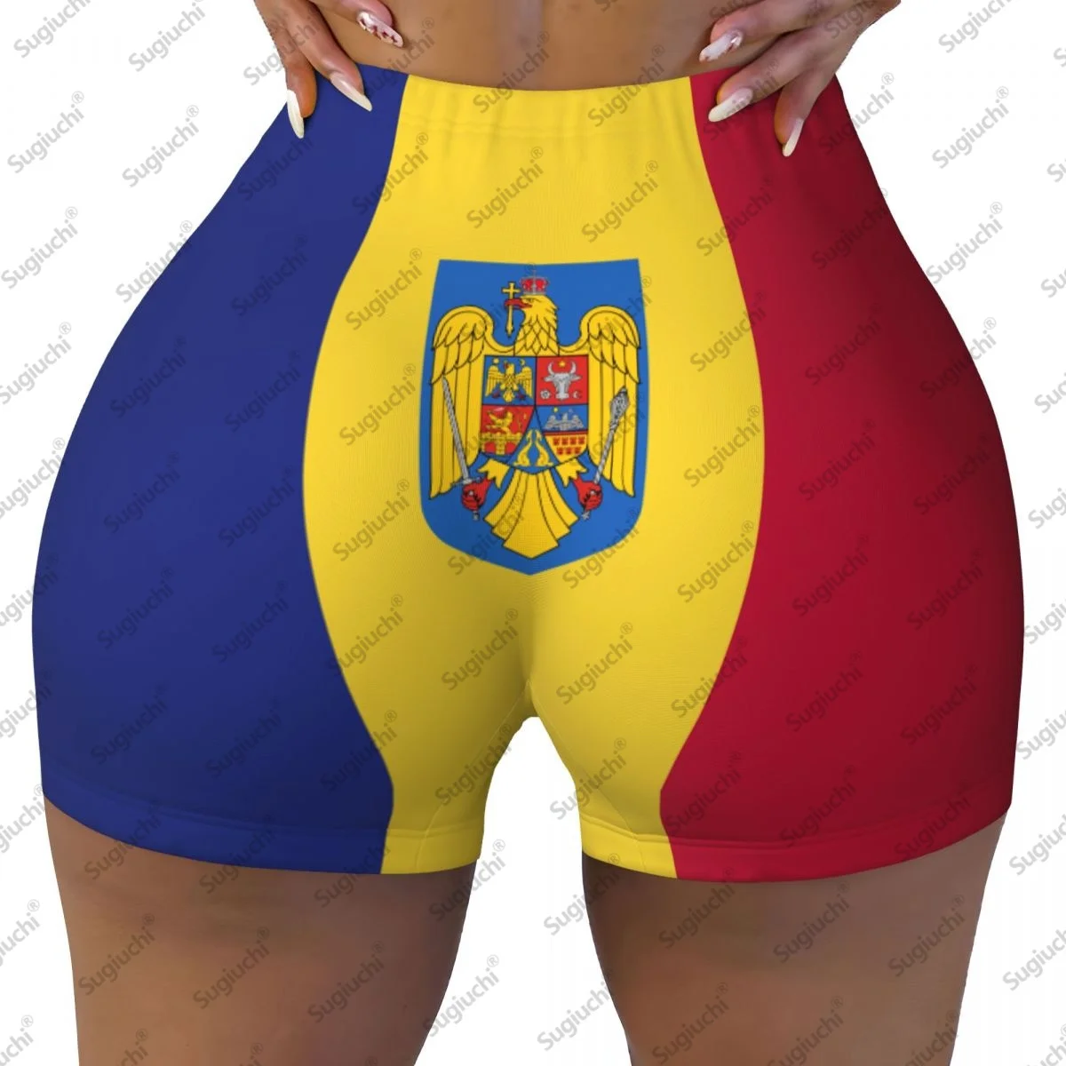 

2026 шорты для йоги с флагом Румынии для женщин, шорты для тренировок, подтяжки ягодиц, с высокой талией, шорты для бега в тренажерном зале
