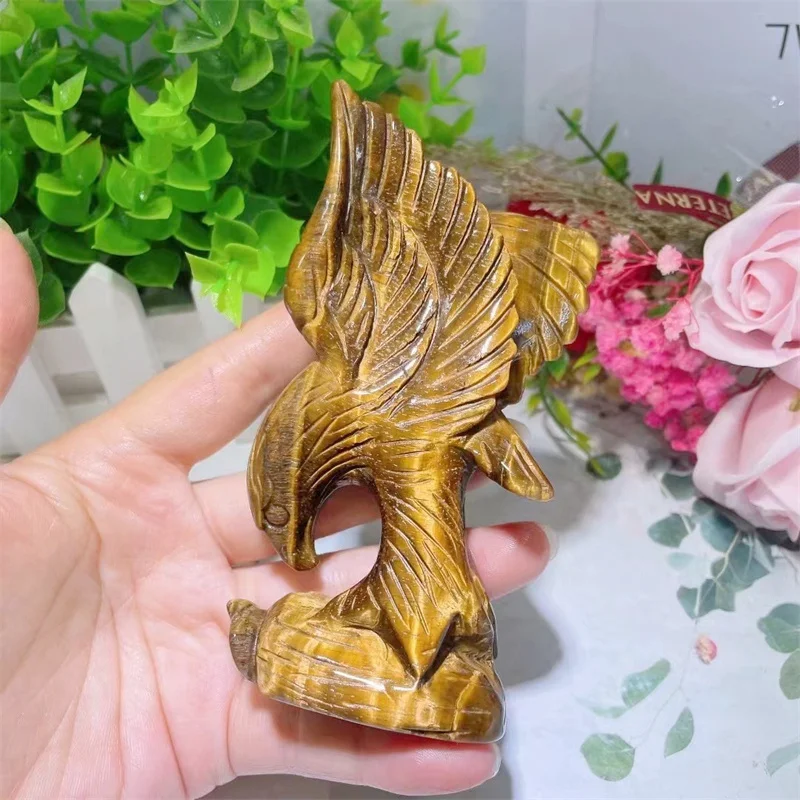 

12cm Natural Tiger Eye Stone Crystal Hand Carving Eagle Animal Sculpture Jewelry Crafts Crystals Healing Stones For Gift 1pcs