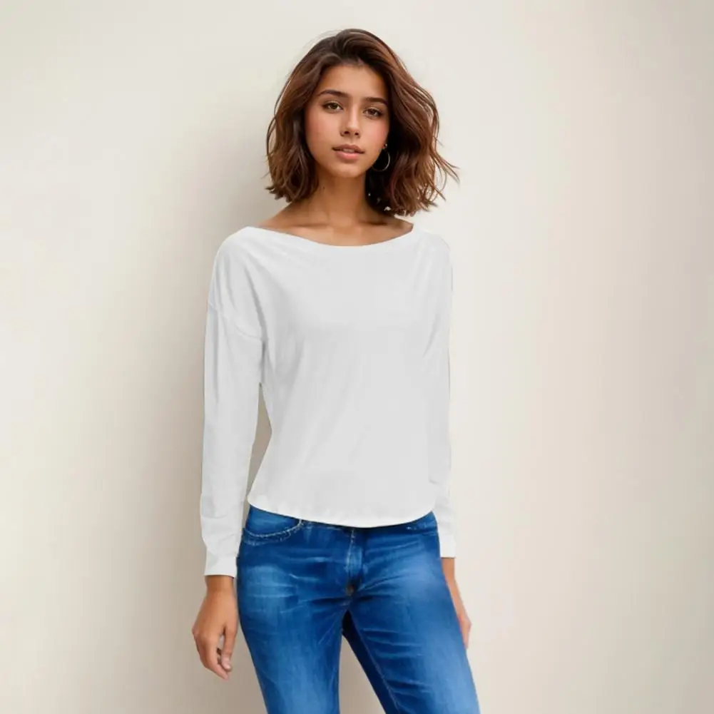 Figure-hugging Top Elegant Women's Pullover Tops Soft Stretchy Fabric Sloping Collar Design Metal Buckle Detail Women Top