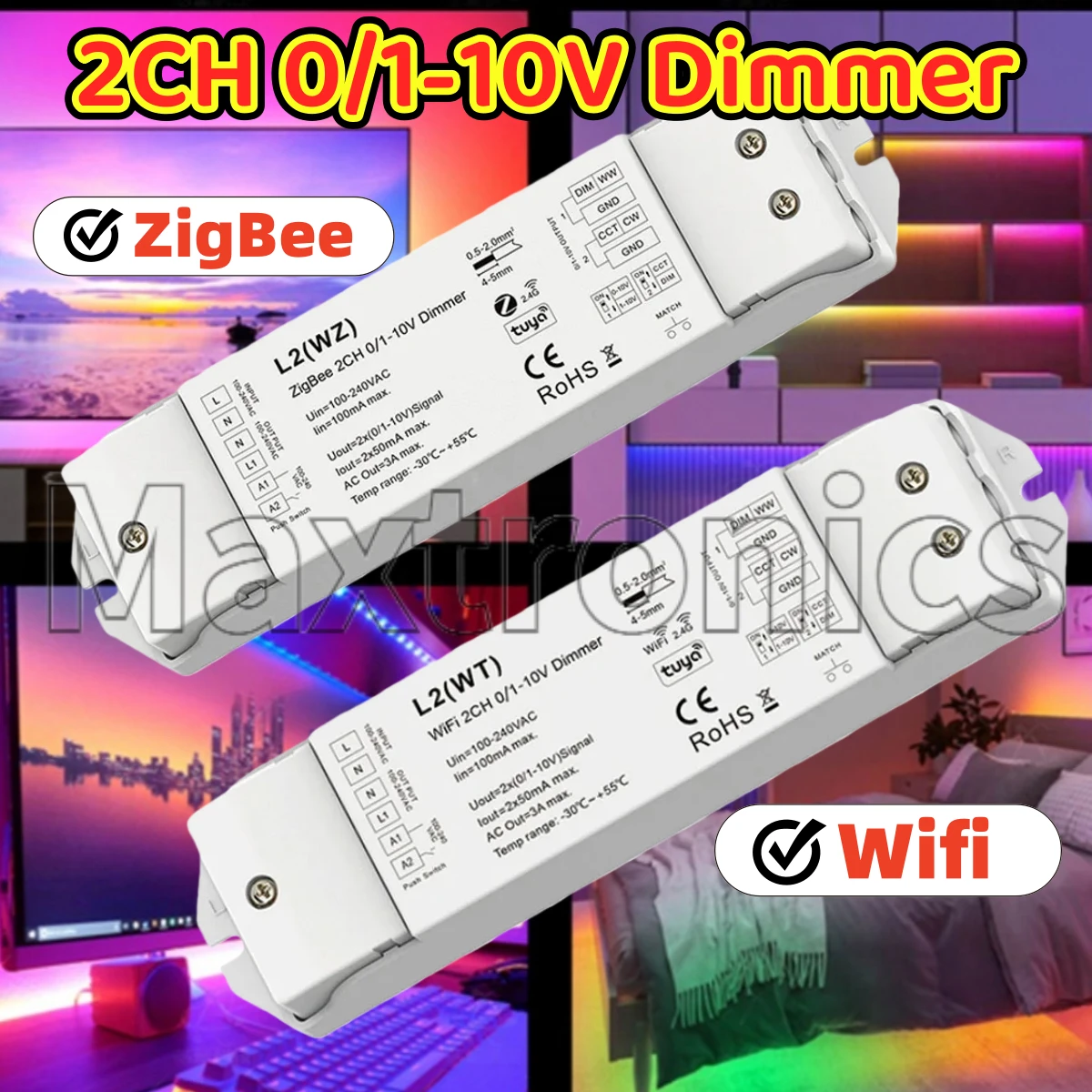 NEW Skydance 0/1-10V L2(WT) WiFi / L2(WZ) ZigBee 2.4G RF Tuya APP DIP Switch 2CH Push Dimmer AC110V 220V 2CH 0/1-10V Push Dimmer