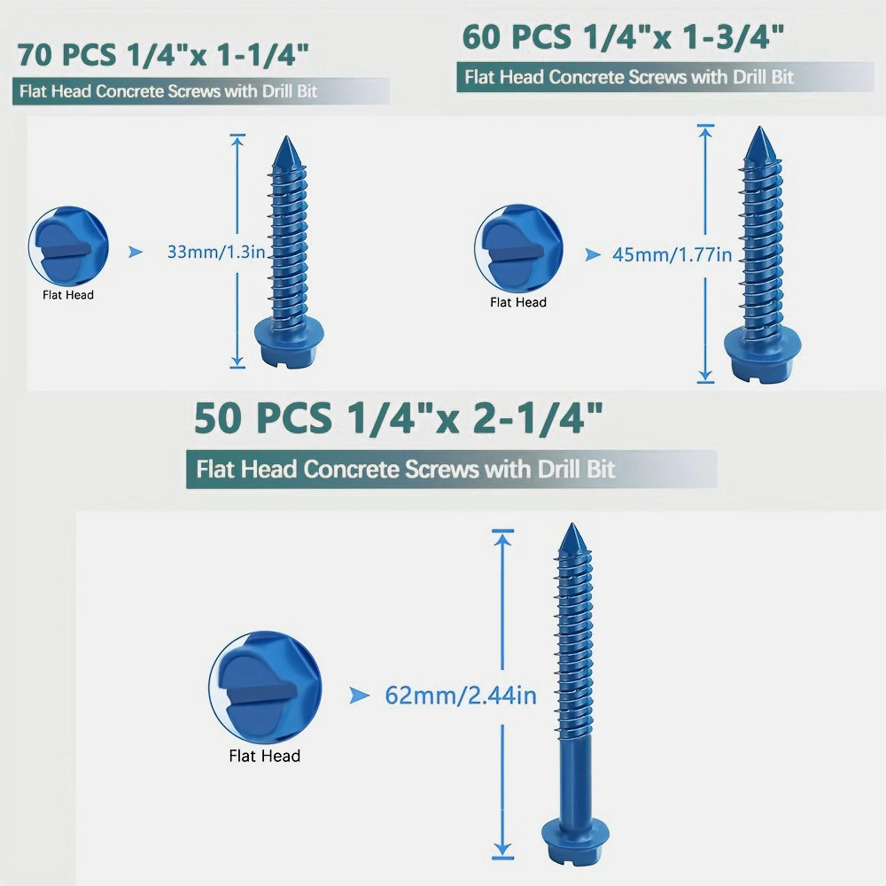 1/4 inch x 2-1/4 concrete screw combination kit, with hexagonal head concrete screws or wood screws, (70-50 pieces)