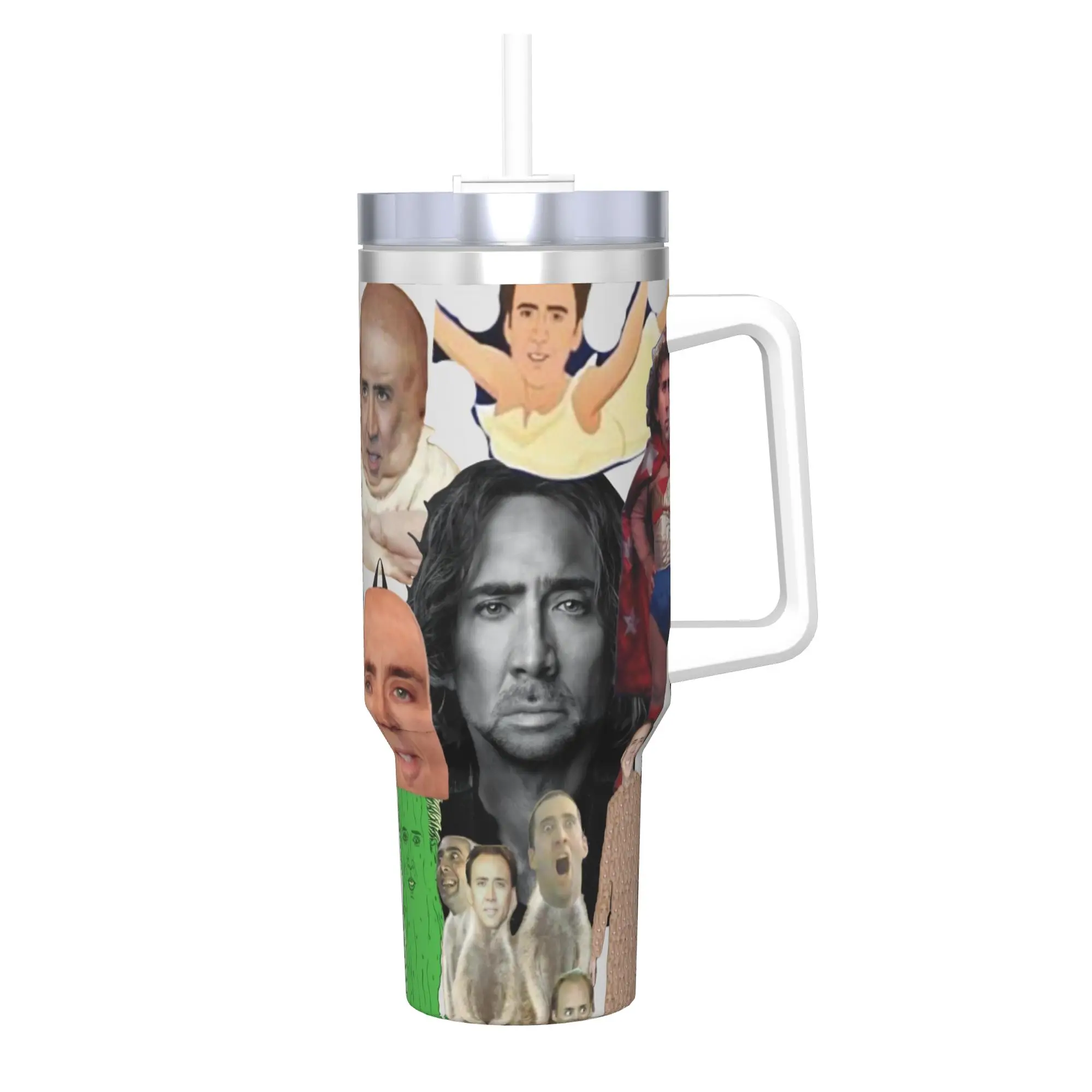 Nicolas Cage Tumbler With Straw  Stainless Steel Mug Cups Double Wall Vacuum Insulated for Cold Or Hot 40oz
