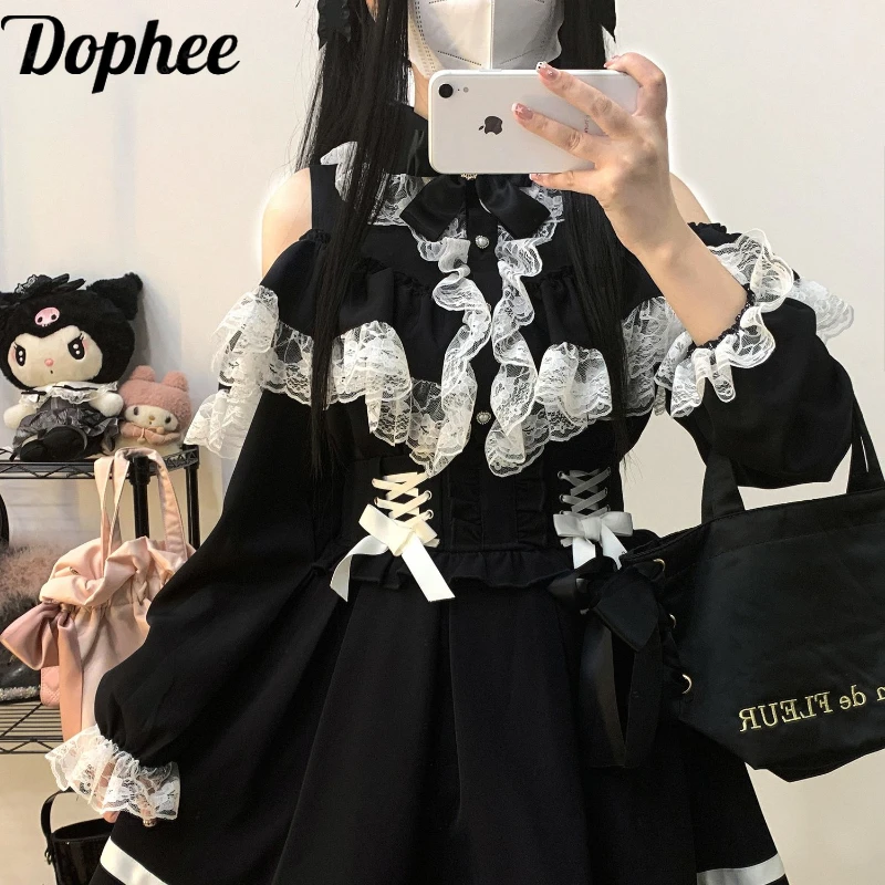 

Dophee Japan Style Elegant Lace Ruffles Women Blouses Spring Autumn Off Shoulder Long Sleeve Shirt Cute Bow Gothic Lolita Top