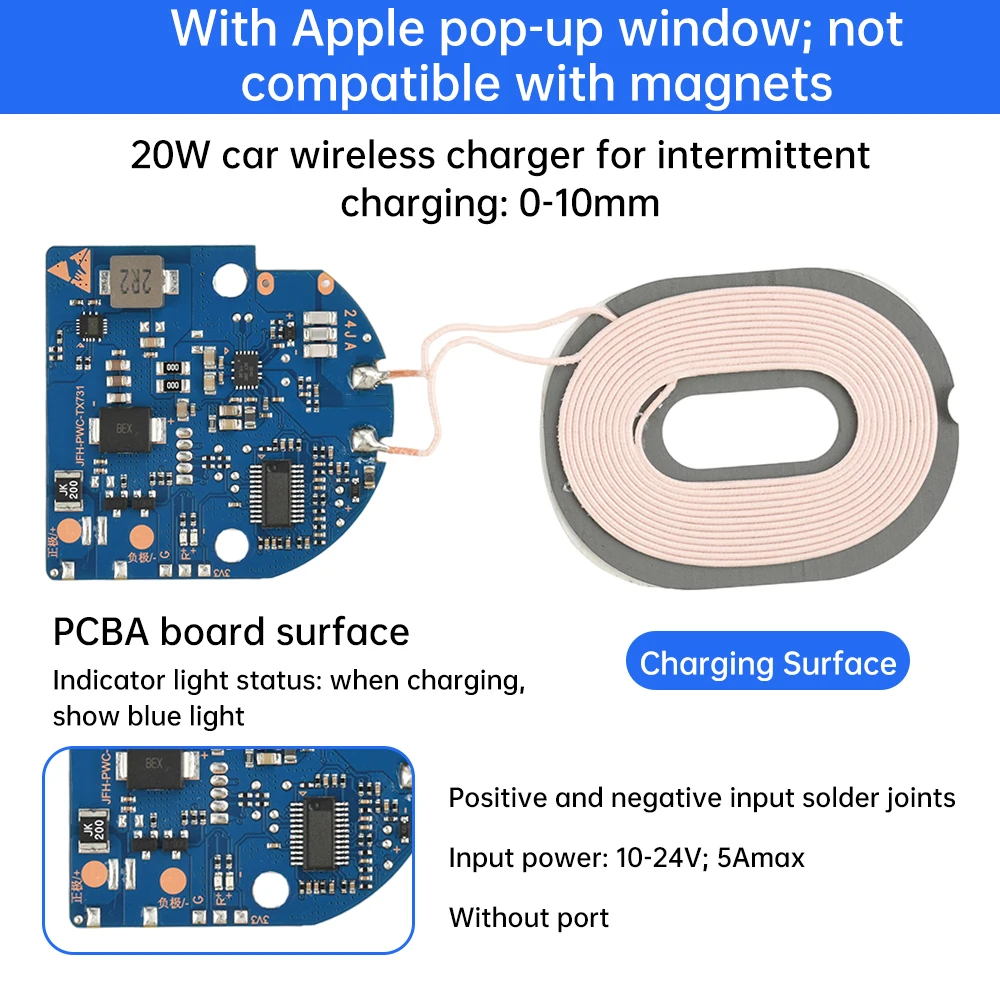 ﻿   Chargeur sans fil DC 10-24V 20W, carte mère, Module de chargeur sans fil pour voiture, 12V 24V, téléphone portable universel avec fenêtre Popup