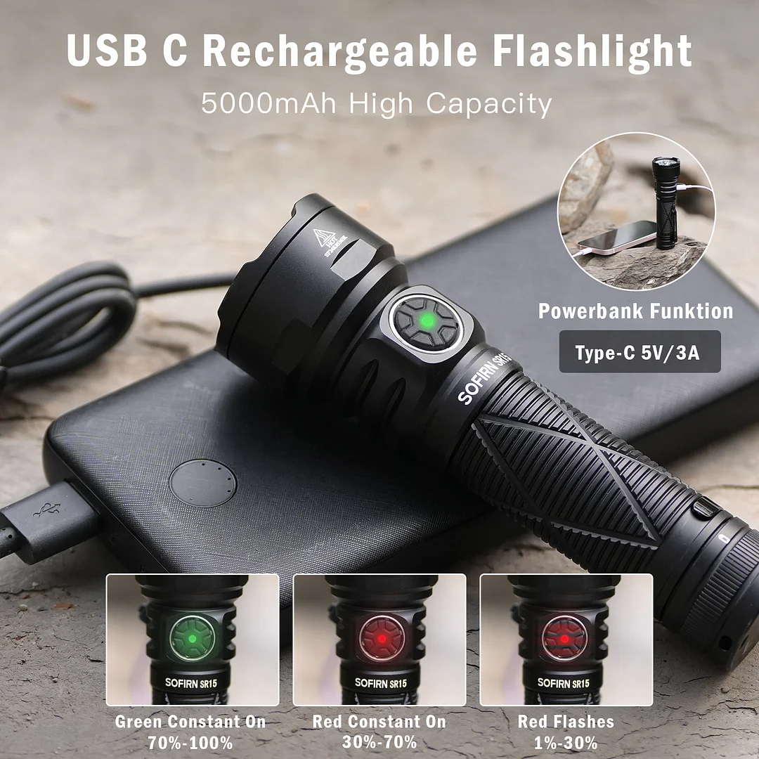 SOFIRN SR15 Rechargeable Flashlight 4500lm Super Bright Long Beam Distance EDC Torch for Camping Fishing