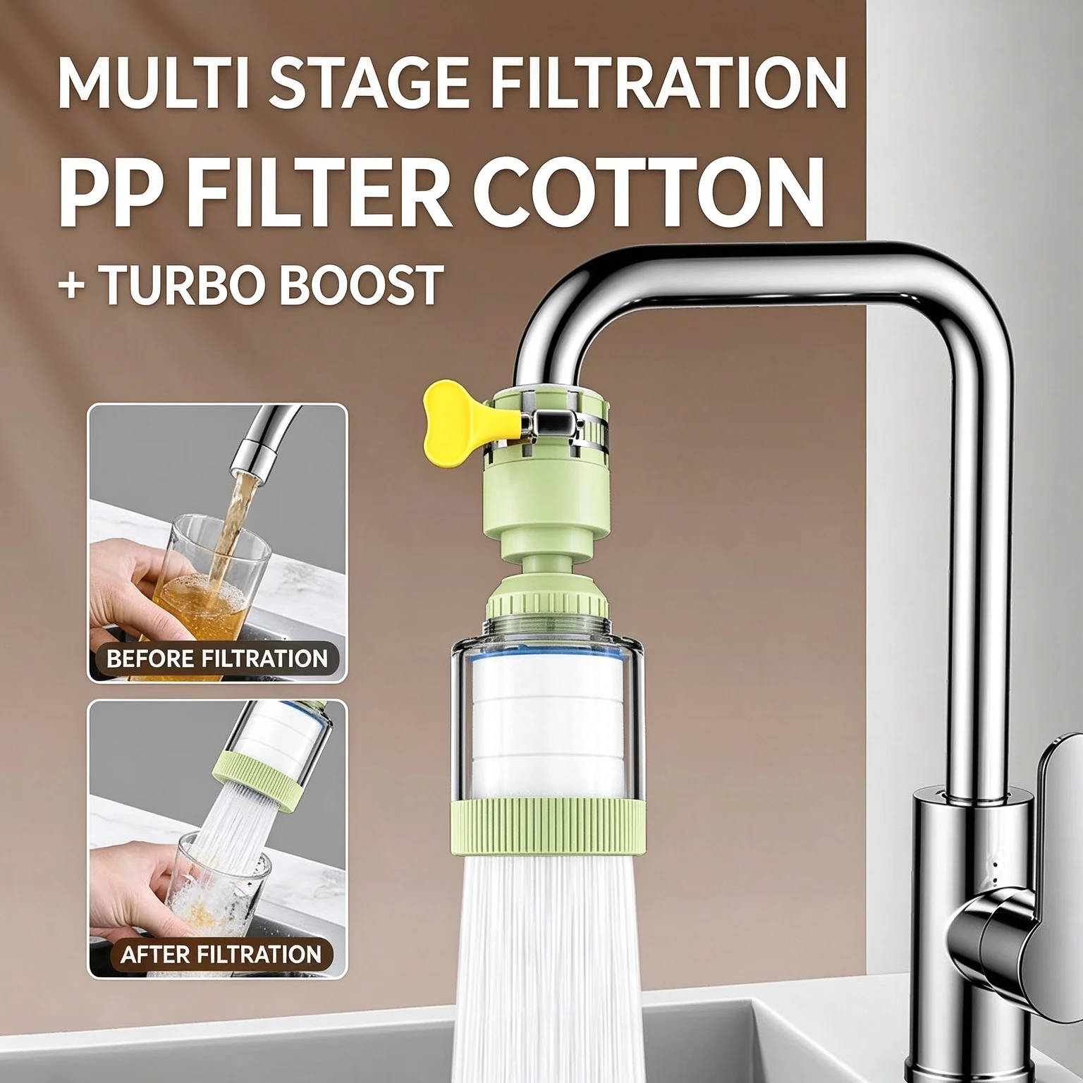 Kitchen Faucet Water Filter Tap Purifier 360 Rotatable Turbo Pressurized Anti Splash Nozzle PP Filter Cartridge For Household